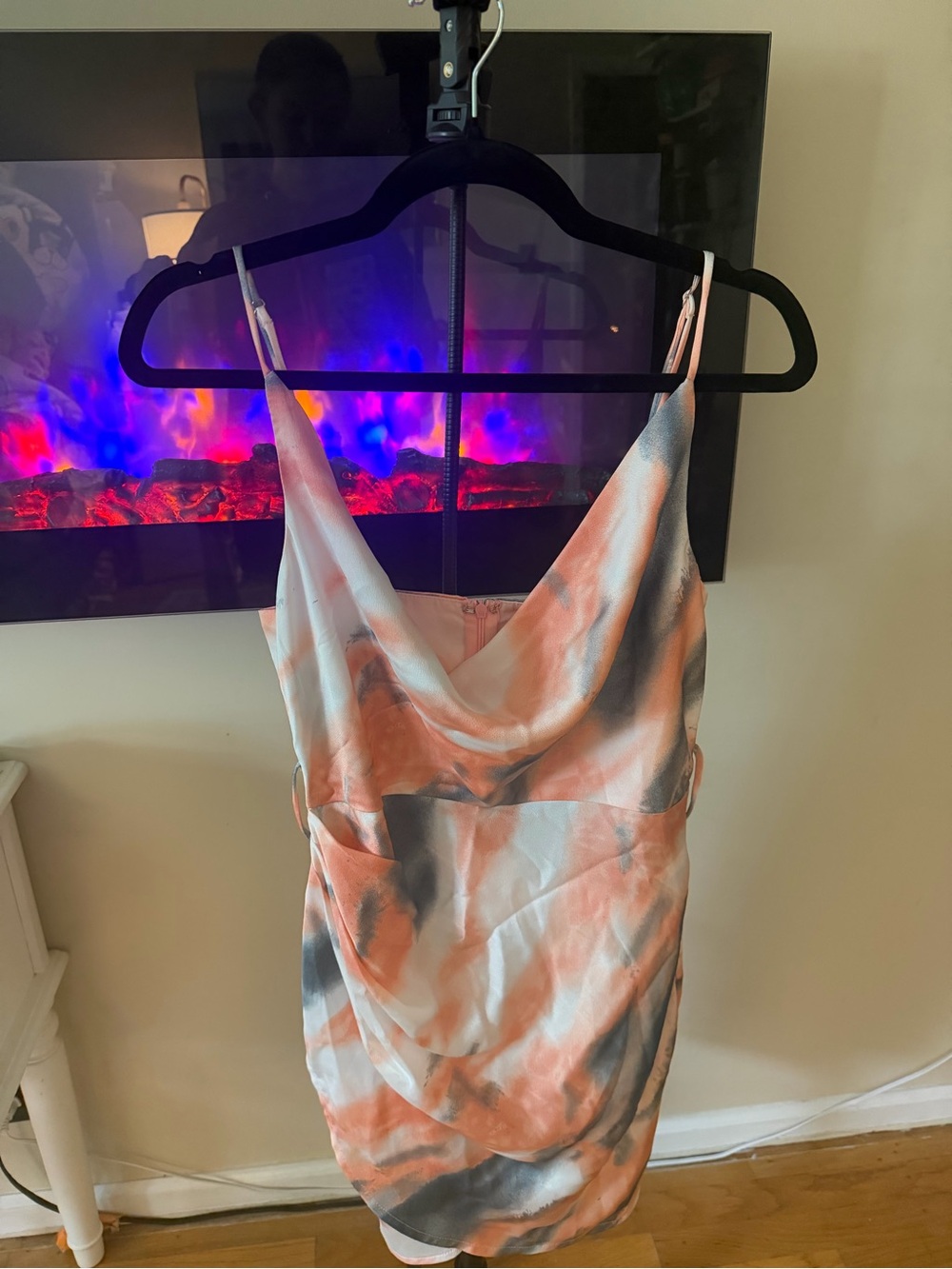 Silky Cowl Neck Slip Dress - Pink & Gray Tie-Dye